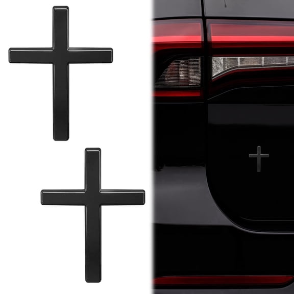 Metal Christian Cross Badge Decal, 3D Christ Cross Emblem Stickers, 2.5"×1.8" Bible Auto Decoration, 2PCS Self Adhesive Waterproof Exterior Car Accessories (Black)