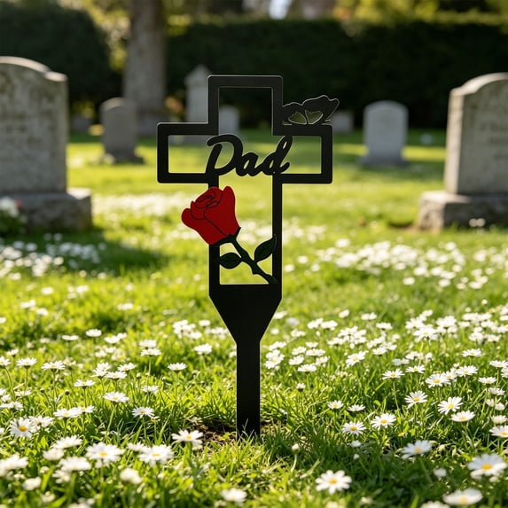 Metal Cross Memorial Stake with Red Rose, Cemetery Grave Marker for Mom Dad Sister