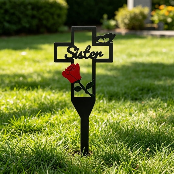 Metal Cross Memorial Stake with Red Rose, Cemetery Grave Marker for Mom Dad Sister