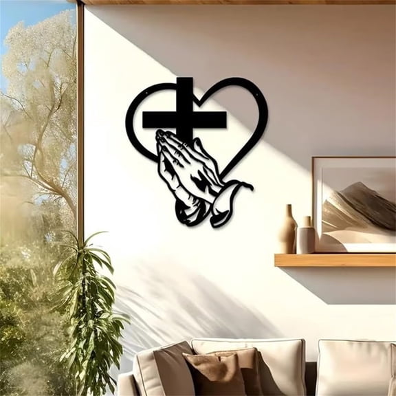 Metal Cross Wall Art Elegant Cross Wall Decor,Praying Hands Design, Heart Hands Sculpture Christian Art Decor For Indoor/Outdoor, Living Room, Patio, Office Farmhouse Decor(12in,2pcs)