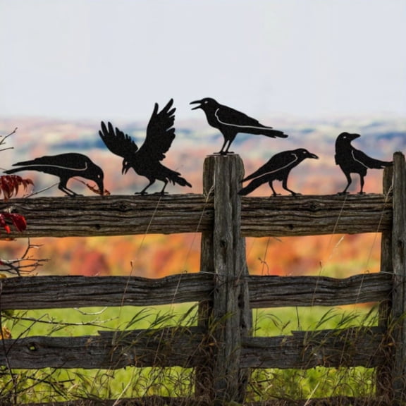 Metal Crow Garden Stakes, Black Silhouette Yard Bird Decor Rust Resistant Outdoor Set, Easy Install Durable Spooky Scene Prop, for Halloween Garden Fence Porch Yard Gothic Display