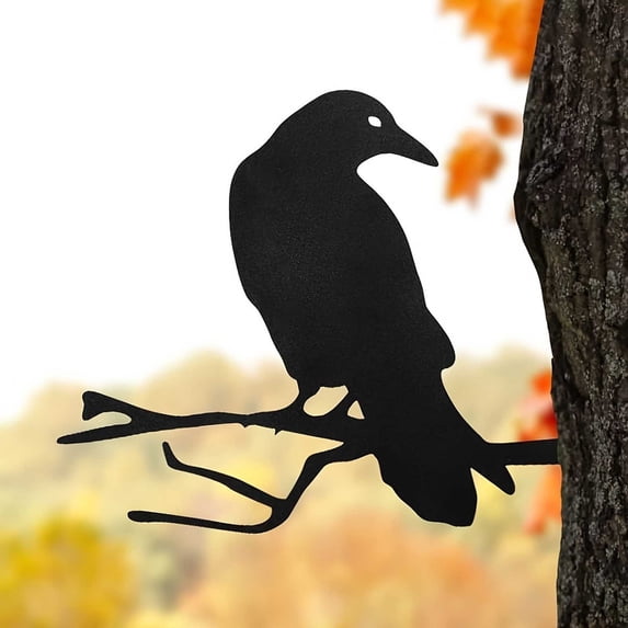 Metal Crow Silhouette Garden Stake, Black Iron Raven Bird Yard Art Decor, Waterproof Outdoor Tree Branch Ornament for Lawn Patio Halloween Decoration