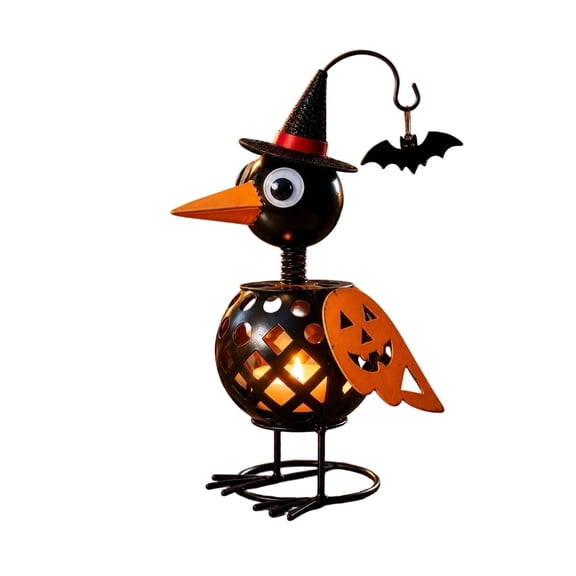 Metal Crow Witch Pumpkin Candlestick Holder, Lattice Cutout Shadow Casting, Spring Head Wobble, Tabletop Decor for Halloween Party and Home