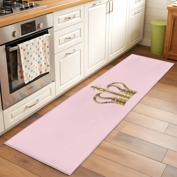 Metal Crown 2x6 Runner Rug for Hallway Walkway Kitchen Galley, Gold Crown Pink Background Gradient Simple Low Pile Washable Non Slip Long Area Rug