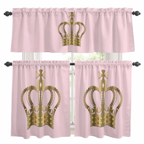 Metal Crown Kitchen Curtains Valances and Tiers Set of 3 Gold Crown Pink Background Gradient Simple Tier Curtains and Valance with Rod Pocket for Small Windows, 27.5"x24"