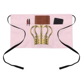 Metal Crown Kitchen Restaurant Half Waist Apron, Gold Crown Pink Background Gradient Simple Server Short Apron with 3 Pockets Waterproof Oil Waist Aprons for Women Waitress Waiter