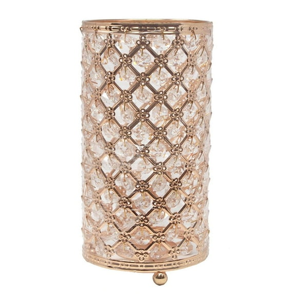 Metal Crystal Candle Holder with Hanging Beads, Rose Gold, 9-1/2-Inch