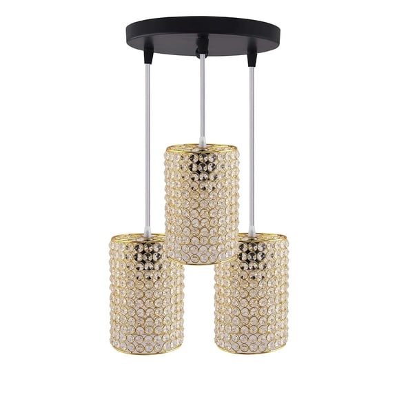 Metal Crystal Pendant Light Fixture, 3 Light Gold Hanging Ceiling Lamp | Cylindrical Golden Color | Adjustable Height, Cylinder Chandelier For Kitchen Island, Dining Room, Bedroom, Hallway