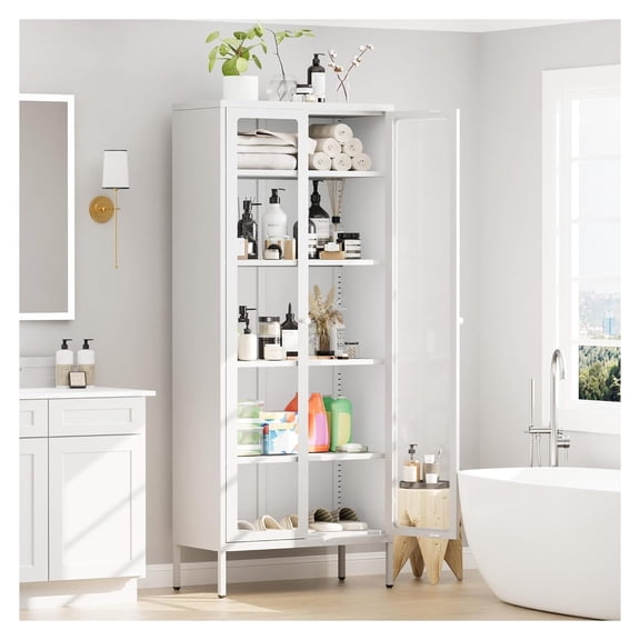 Metal Curio Cabinet, White 67.3" Display Case with Glass Doors & Shelves, Tall Steel Cabinet for Home Office, Living Room, Pantry Decor
