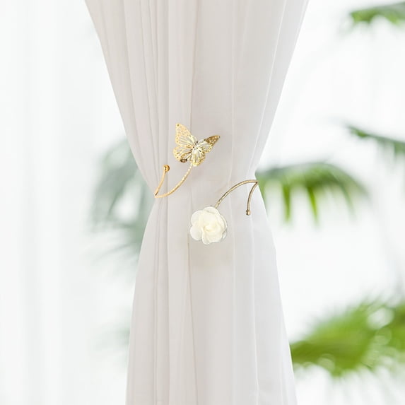 Metal Curtain Holdback with Butterfly Flower Design Hollow Craft Buckle for Drapery Ties Wall Hook Gold Silver Finish Decorative Window Treatment Accessory