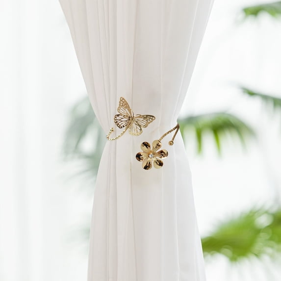 Metal Curtain Holdback with Butterfly Flower Design Hollow Craft Buckle for Drapery Ties Wall Hook Gold Silver Finish Decorative Window Treatment Accessory