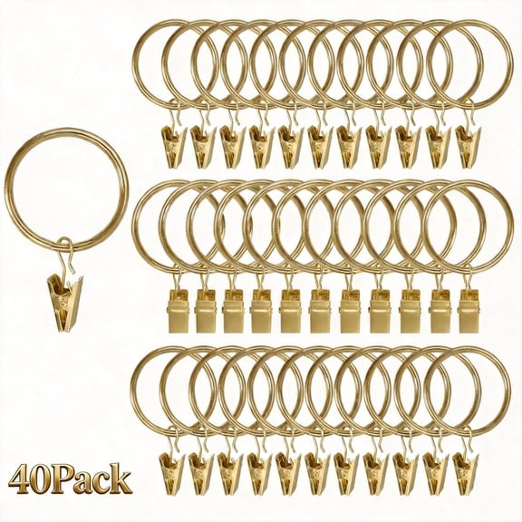 Metal Curtain Rings with Clips 40 Pack 1.5 Inch Inner Diameter Drapery Hooks for Window Rods Gold