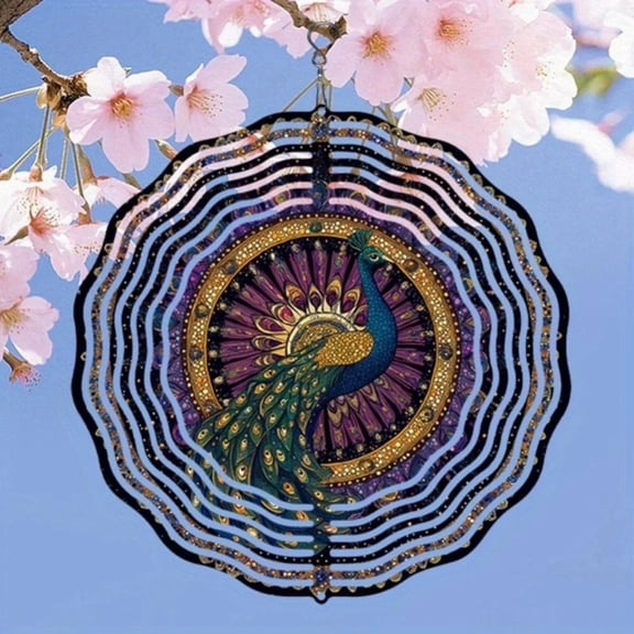 HELLOYOUNG Wind Spinner Outdoor Wind-Powered Rotating Kinetic Garden Art, 3D Metal Peacock Hanging Ornament with Colorful Intricate Feather Detailing