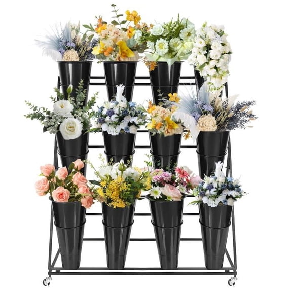 Metal Cylindrical 3-Tier Pot Shelving with 12 Black Vessels, Movable Rack