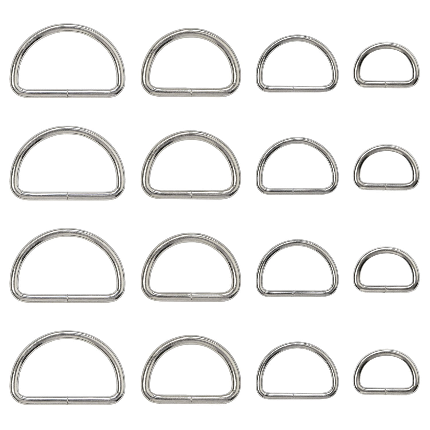 Metal D Ring Non Welded D-Rings Nickel Plated Silver Assorted 0.5 inch, 0.75 inch, 1 inch, 1.25 inch (100 Pack)