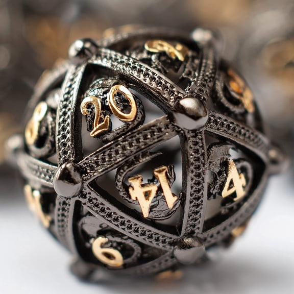 Metal DND Dice Set - Unique Round Hollow Orb Design for Better Rolling - Beautiful Dragon Set for Role Playing Games (RPG) - Stunning D&D Dungeons and Dragons Dice (Black Gold)