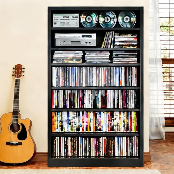 Metal DVD Storage Cabinet, 7 Tier Tall Media Storage Shelf with Adjustable Shelves, Freestanding CD & DVD Rack Tower Bookshelf for Living Room, Home Entertainment,Black