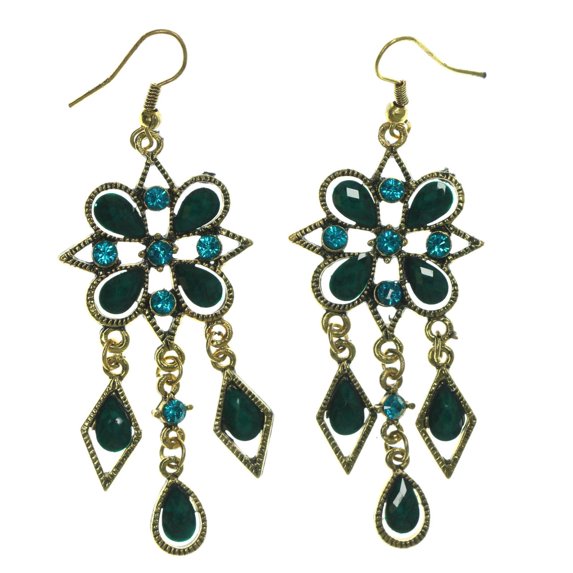 Metal Dangle-Earrings With Crystal Accents Gold-Tone & Blue Colored