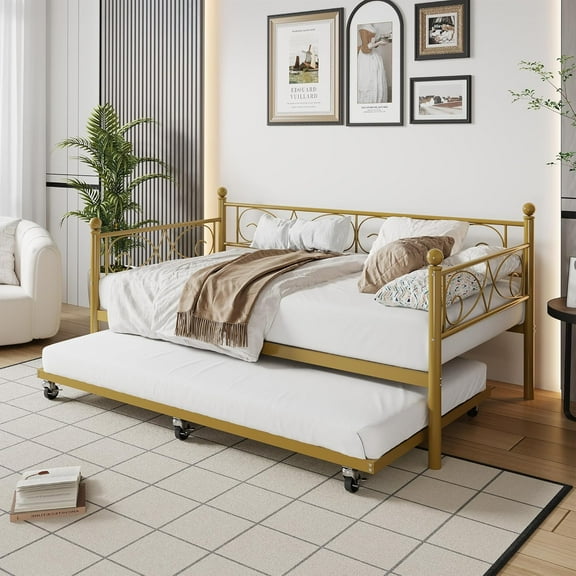 Metal Sofa Bed with Multipurpose design works as sofa or extra sleep space, Floral iron pattern adds stylish charm and comfort for Bedroom,Twin,Gold