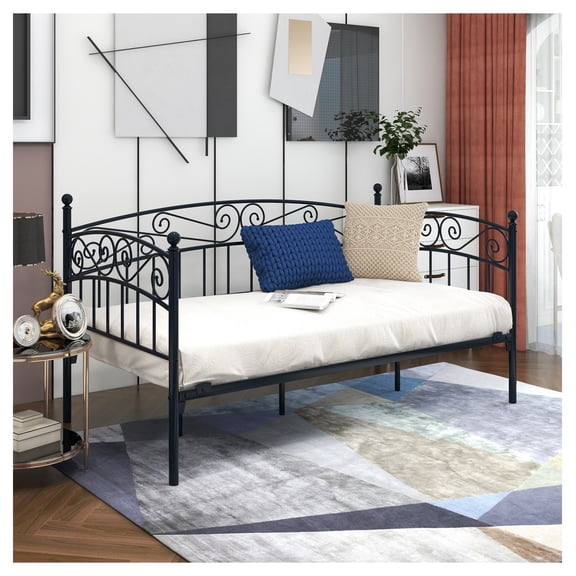 Metal Daybed Frame Multifunctional Mattress Foundation/Bed Sofa with Headboard, Twin, Black Box Spring Not Required + Twin + Black + Metal + Bedroom + Metal