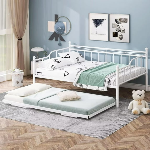 Metal Daybed, Full Size Sofa Bed with Twin Size Trundle, Metal Bed Frame, Full Daybed with Steel Slat Support, Heavy-Duty Steel Full Daybed with Pull Down Trundle Bed, Space Saving Design, White