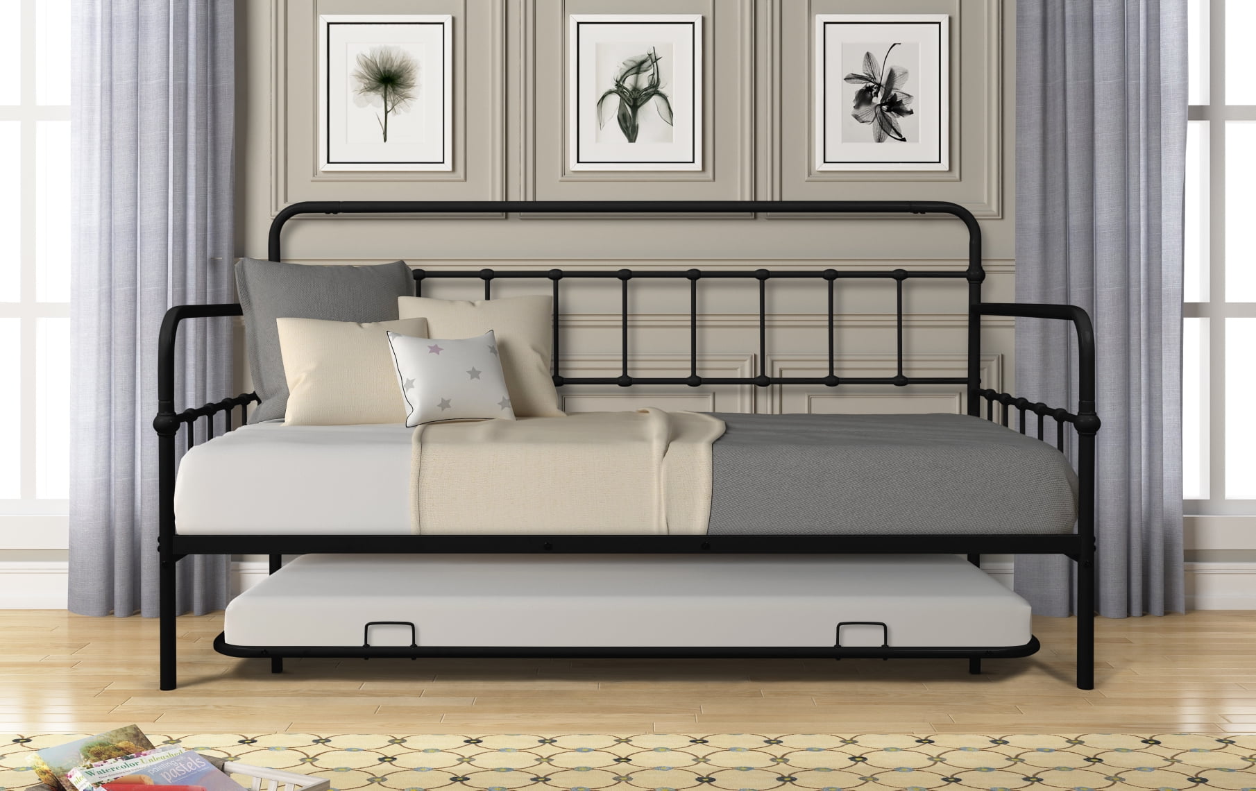 Metal Daybed and Trundle Bed with 2 Builtin Casters, Twin over Twin