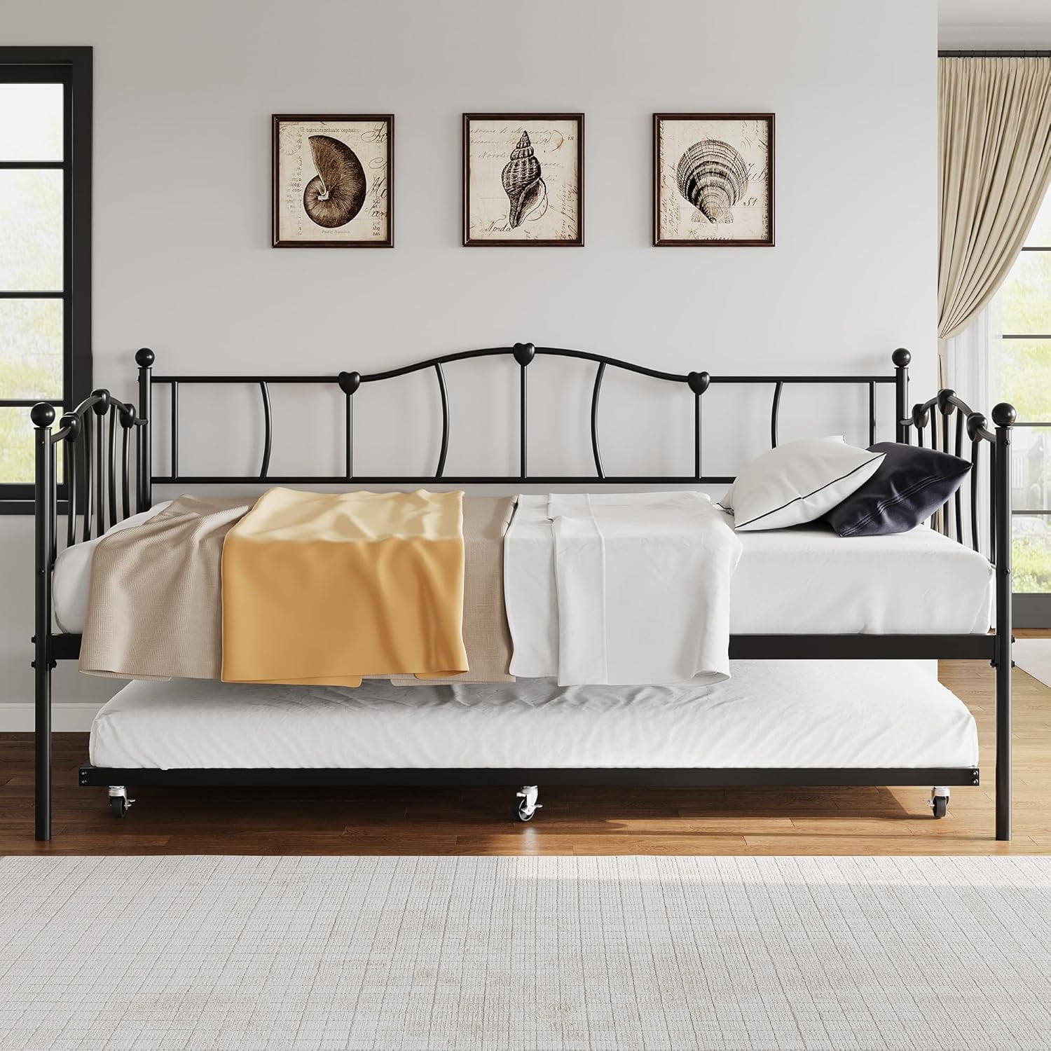 Metal Daybed with Trundle Bed, Twin Size Day Bed, Premium Metal Frame