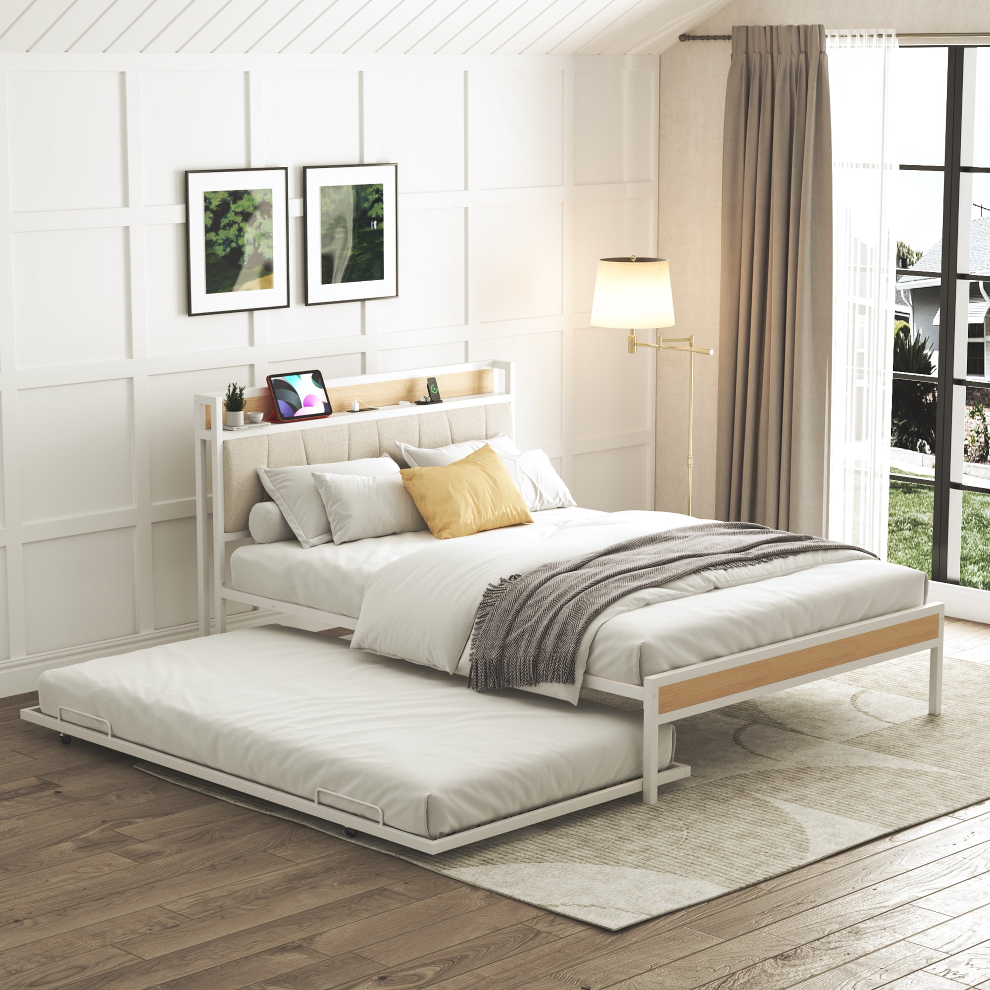 Metal Daybed,Upholstered Headboard,Electrical Outlet,USB Port,with