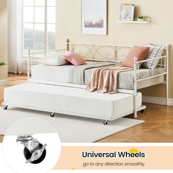 Metal Daybed with Trundle Heavy Duty Steel Slats, Sofa Bed Frame with Headboard Space Saving No Box Spring