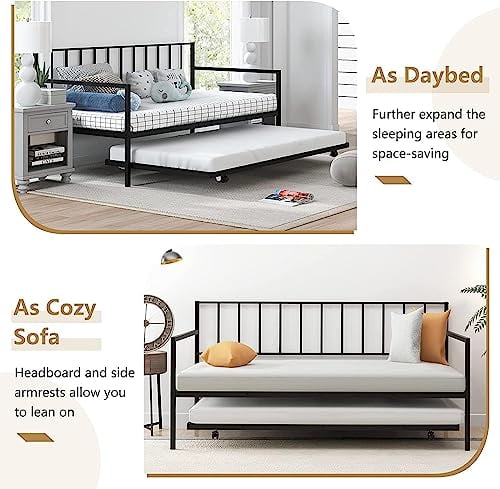 Metal Daybed with Trundle, Twin Size Day Bed Frame with Pullout Trundle ...