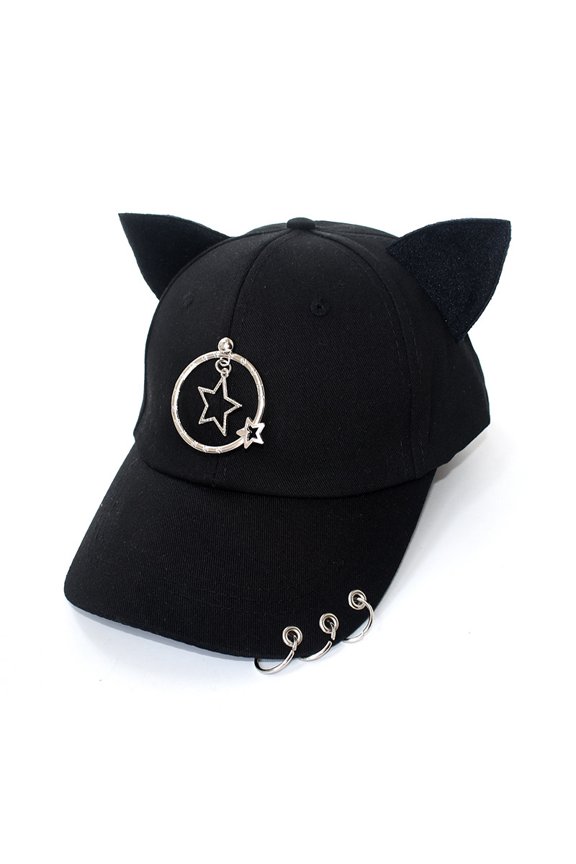 Metal Decorative Baseball Cap with Unique Ear Iron Rings, Outdoor Casual Hip-Hop Cap