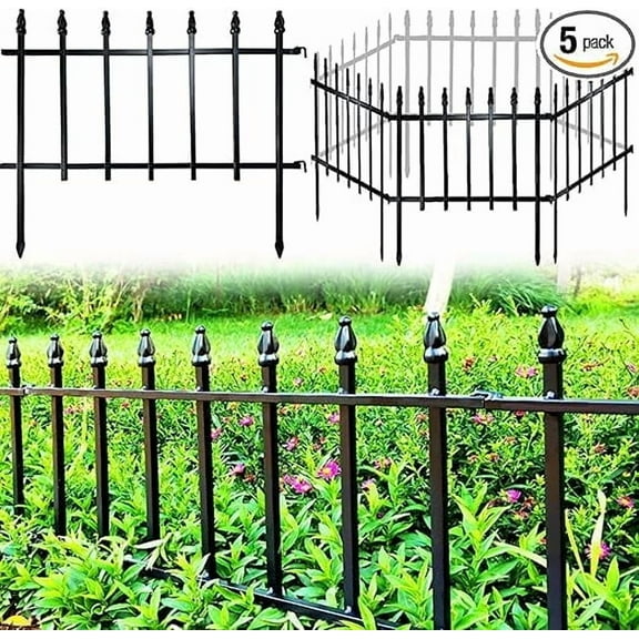 Thealyn Metal Decorative Garden Fence 22" W x 18" H (5 Panels, Total Length 9.17 ft), Border Folding Fence, Landscape Fencing for Flower Bed, Yard, Animal Barrier,Black