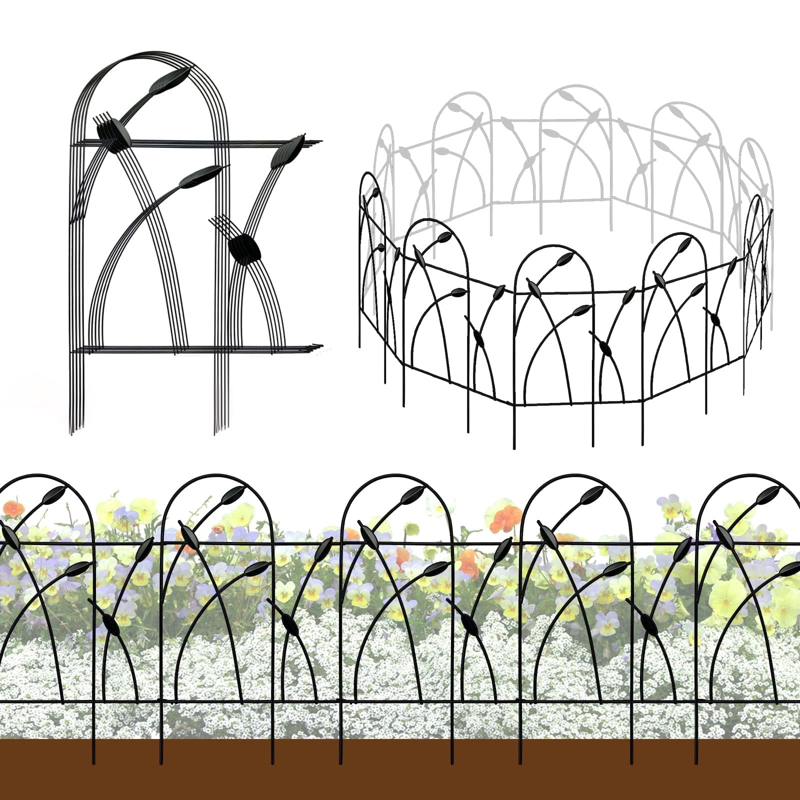 Metal Decorative Garden Fence Border, 32 in.H x 19.5 in.W (10 Panels, Total Length 16 feet) No Dig Fence Rustproof Wrought Iron Landscape Fencing for Flower Bed, Trees, Black