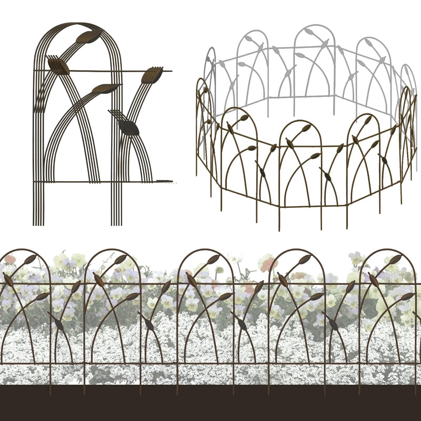 Metal Decorative Garden Fence Border, 32 in.H x 19.5 in.W (10 Panels, Total Length 16 feet) No Dig Fence Rustproof Wrought Iron Landscape Fencing for Flower Bed, Trees, Black