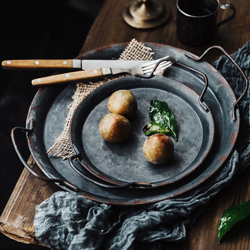 Metal Decorative Tray with Handles for Coffee Table Decor Retro Industrial Galvanized Round Serving Plate Rustic Vintage Accessories for Kitchen