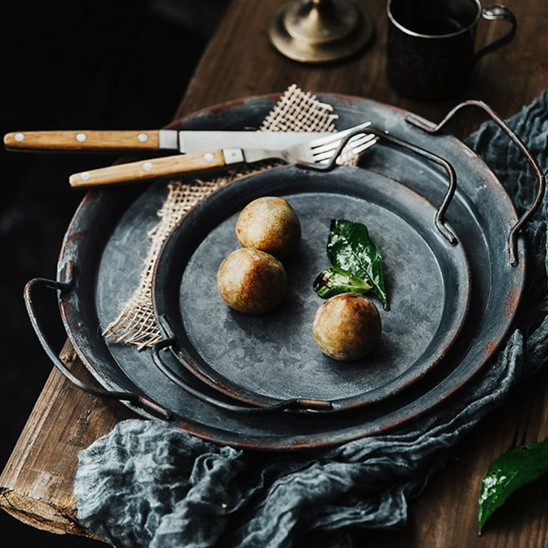 Metal Decorative Tray with Handles for Coffee Table Decor Retro Industrial Galvanized Round Serving Plate Rustic Vintage Accessories for Kitchen Storage Walmart