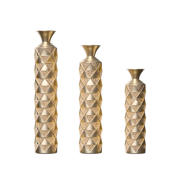 Metal Center Vase with 3D Triangle Pattern Set of 3,Tall Gold Metal Floor Vases for Living Room, Bedroom & Entryway,33.5 ", 29.5 ", 25.2 "high
