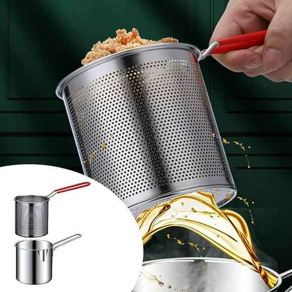 Metal Deep Fryer With Handle & Strainer Basket Mini Deep Fryer Pot Multi Use Bacon Grease Container For Home Snack Cooking(Silver-16X12Cm)