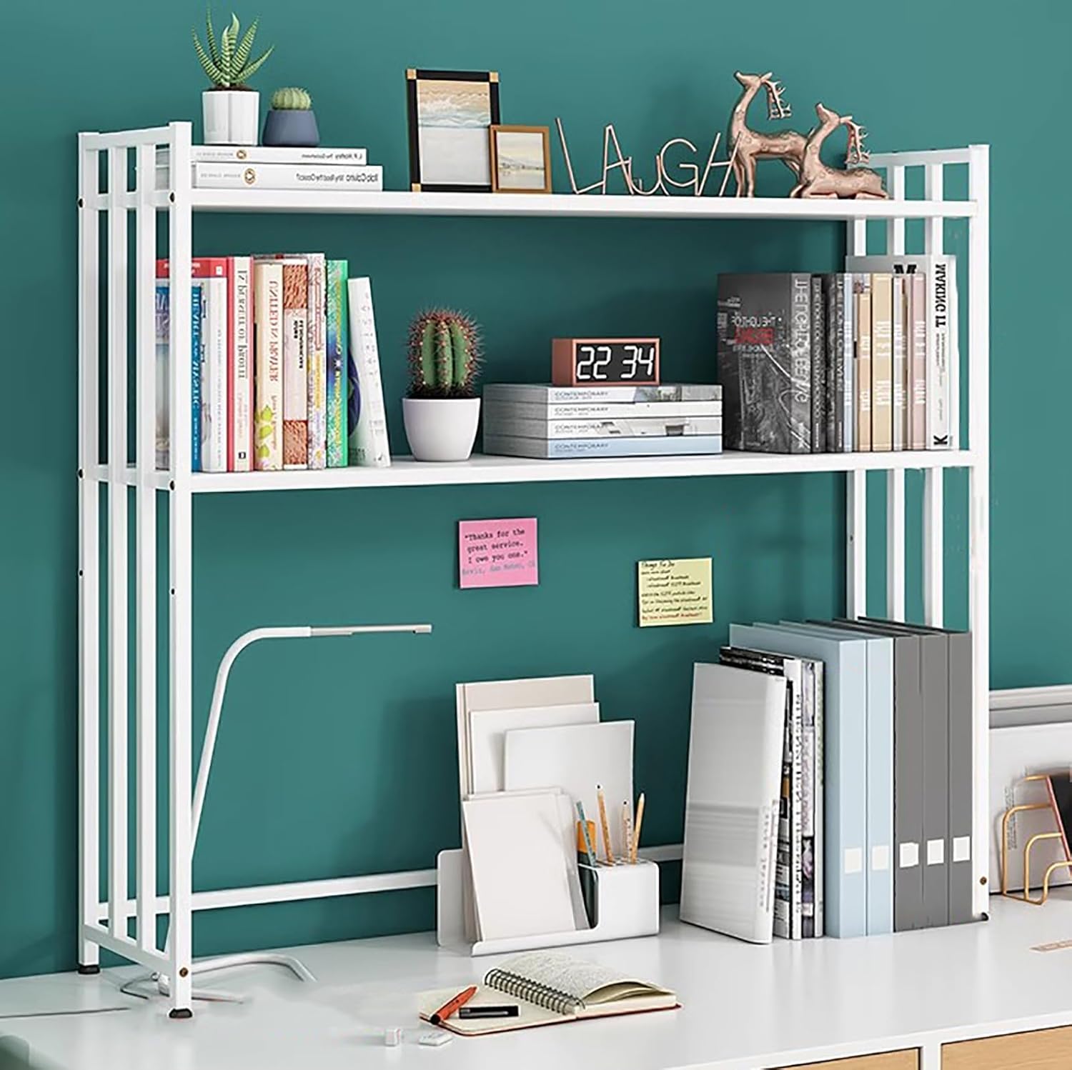 Metal Desk Hutch Dorm,2-Tier Desktop Bookshelf,Computer Desktop Organizer,Adjustable Display Rack for Home Office Dorm Countertop Storage Organizer (75cm/29.5", White)
