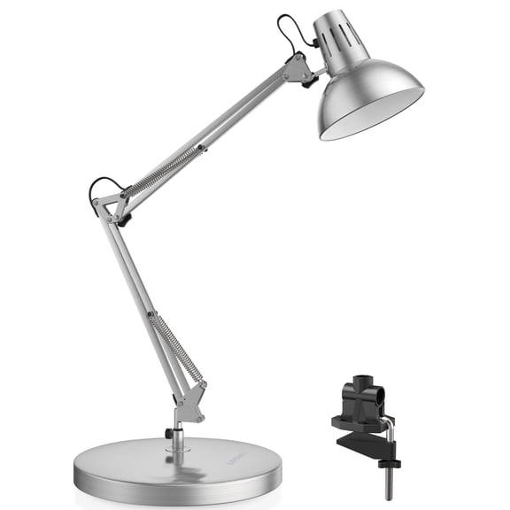 Metal Desk Lamp  Adjustable Goose Neck Architect Table With On/off Swing Arm Clamp Eye-caring Reading For Bedroom Study Room &office (silver)
