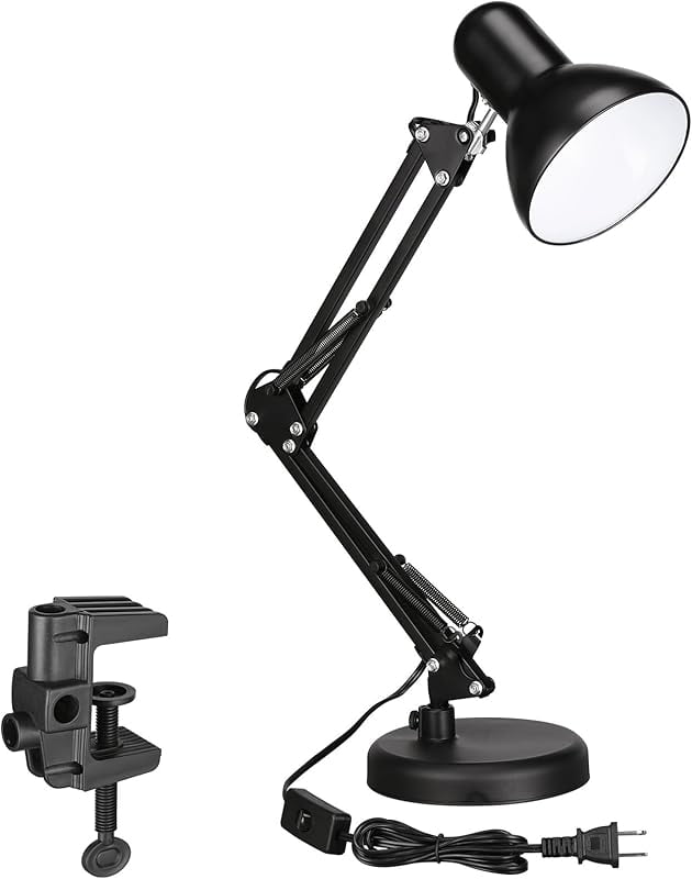 Metal Desk Lamp with Clamp, Swing Arm, Architect Adjustable Gooseneck Table Lamp, Clip Desk Lights for Home Office, Work, Study, Reading, E26 Base, Multi-Joint, Black