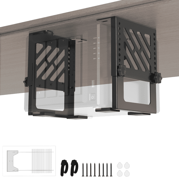 Metal Under Desk Mount for NAS Adjustable Mounting Bracket for Desktop NAS 1/2/4 Bay Network Attached Storage Under Desk Holder for NAS/Small PC/SFF Desktop Tower/CPU/UPS and More with Cable Ties
