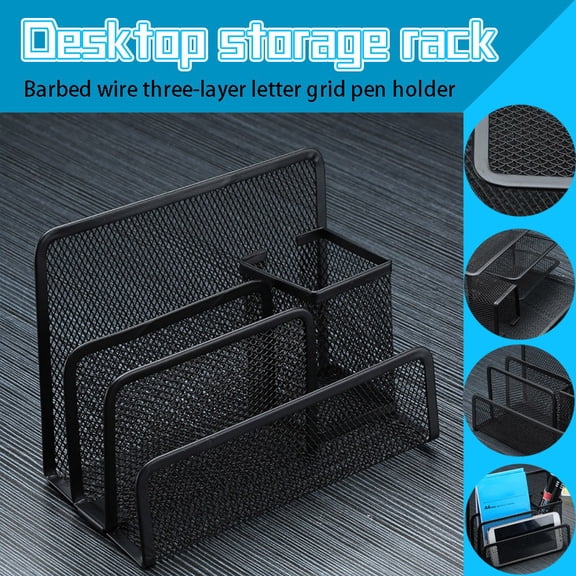 Metal Desk Organizer, Barbed Wire Letter Design 3-Tier Pen Holder, Multi-Functional Stationery Storage for Pens Business Cards, Small Office Desk Accessories, Home Office Supplies, Space Saving
