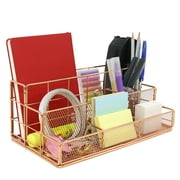Metal Desk Organizer with Dividers Office Stationery Storage Rack Ventilated Design for Pens & Clips & Supplies Durable & Easy Clean Perfect for Home Office(Rose Gold)