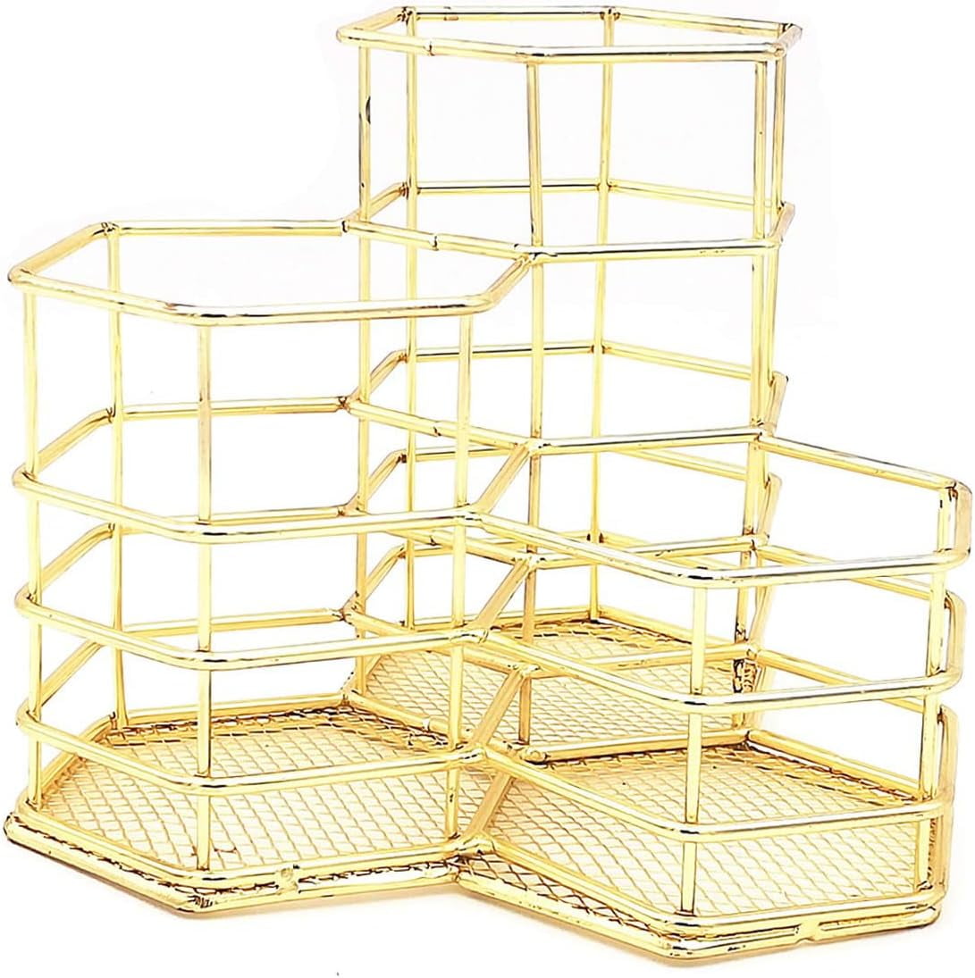 Metal Desk Organizer,Pencil Holders & Cosmetic Storage,Stylish Gold Desk Organizer for Pencils, Makeup Brushes,Gold Pen Holder with 3 Different Height Compartments - Elegant Desk Accessories