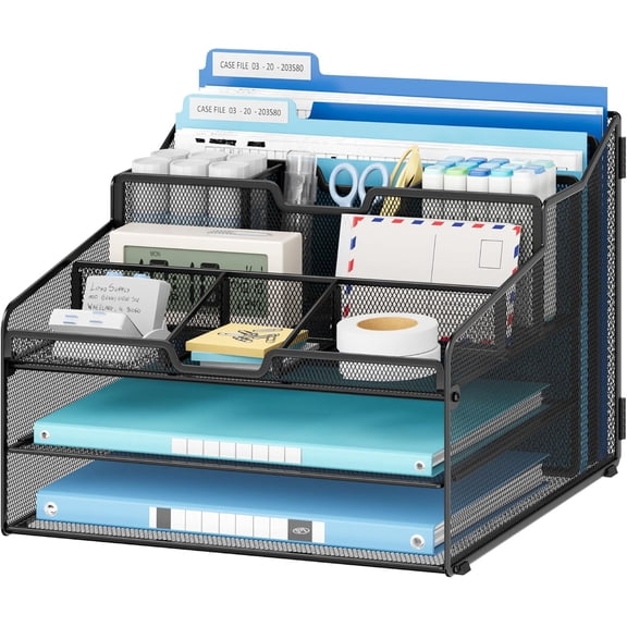 Metal Desk Organizer with Sliding Drawer, 7-Section File Organizer for Desk, Desktop File Folder & Paper Organizer
