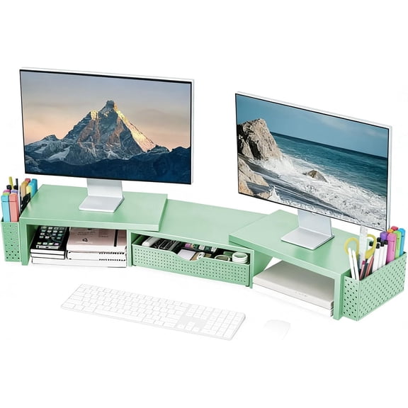 Metal Desk Organizers and Accessories, Dual Monitor Stand Riser with Drawer and 2 Pen Holders, Book Racks, Desk Accessories & Workspace Desktop Organizers for Office Supplies (Sage Green)