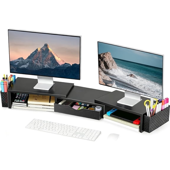 Metal Desk Organizers and Accessories, Dual Monitor Stand Riser with Drawer and 2 Pen Holders, Book Racks, Desk Accessories & Workspace Desktop Organizers for Office Supplies (Black)