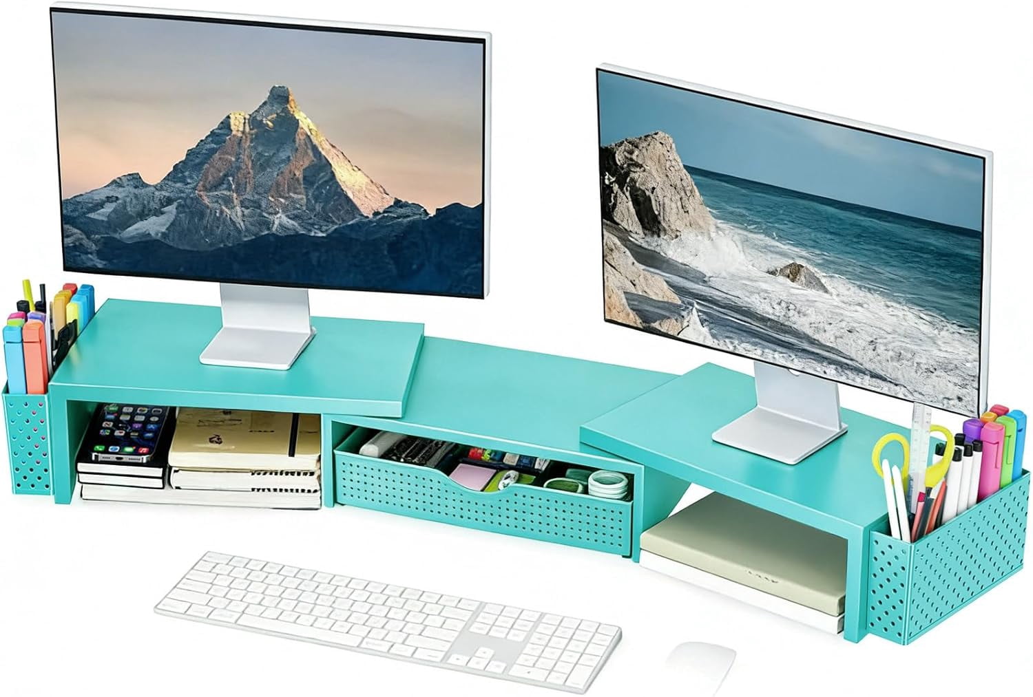 Metal Desk Organizers and Accessories, Dual Monitor Stand Riser with Drawer and 2 Pen Holders, Desk Accessories & Workspace Desktop Organizers for Office Supplies (Blue)
