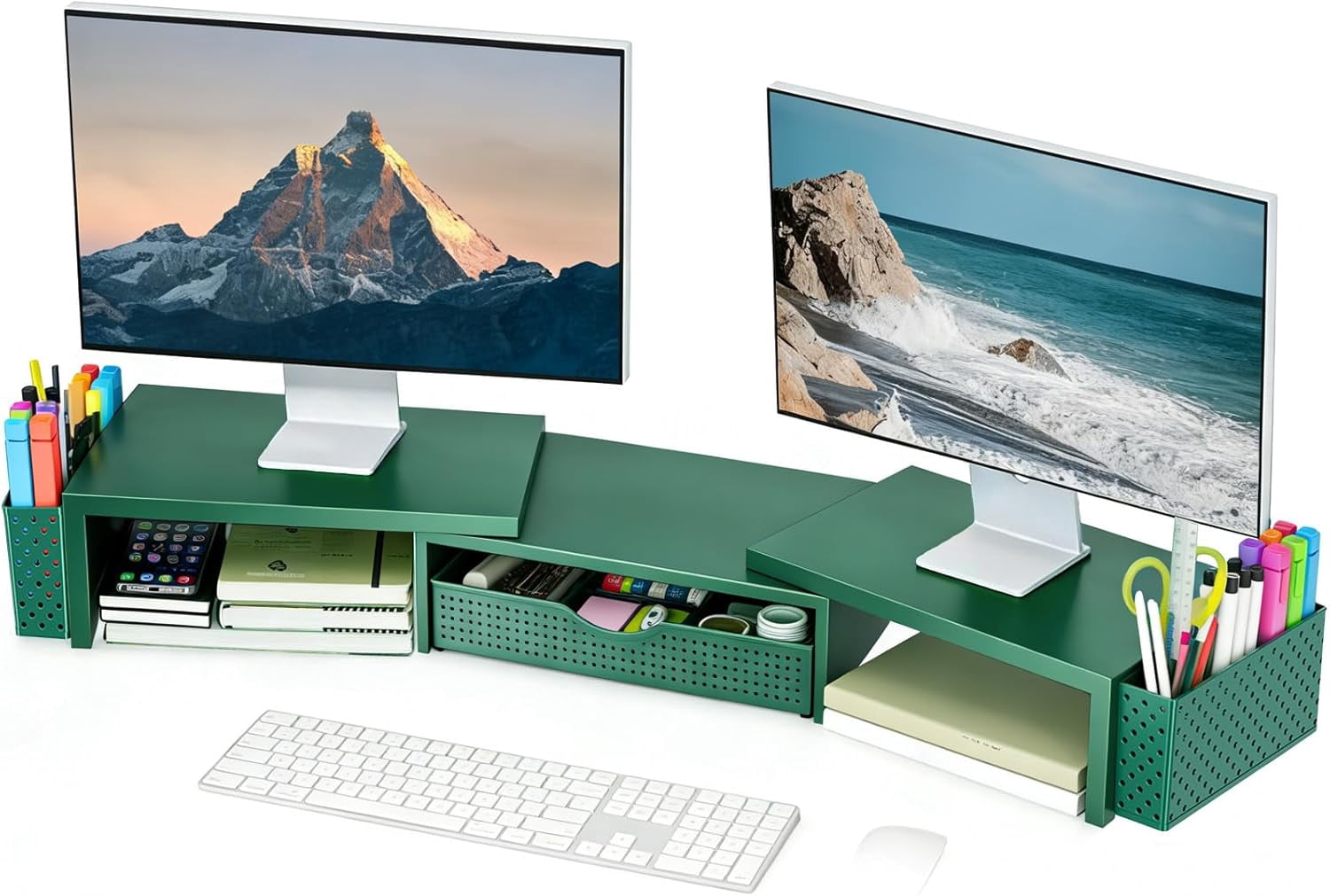 Metal Desk Organizers and Accessories, Dual Monitor Stand Riser with Drawer and 2 Pen Holders, Desk Accessories & Workspace Desktop Organizers for Office Supplies (Dark Gree)